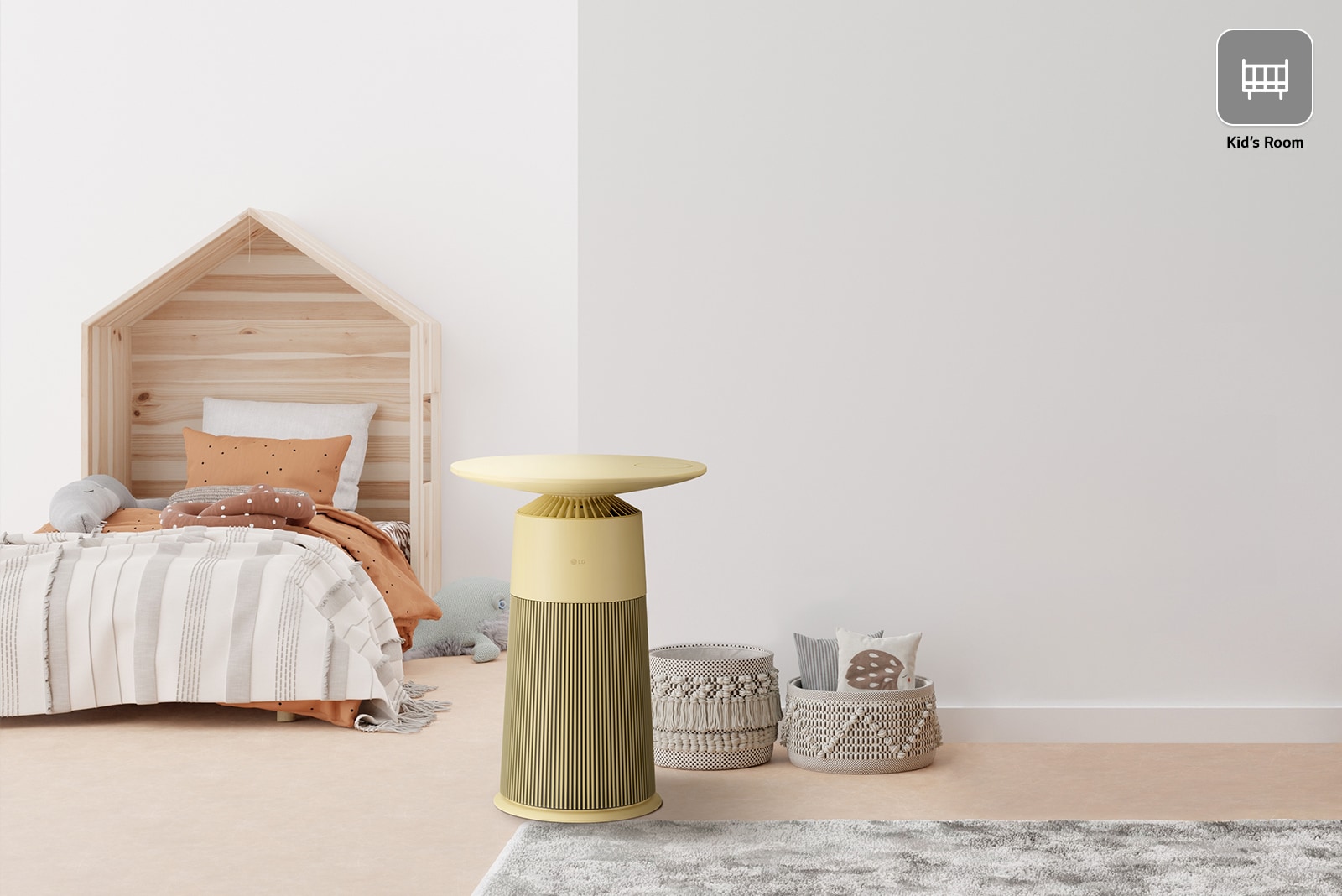 The product is placed in the center of the nursery. There are cribs and toy baskets around.